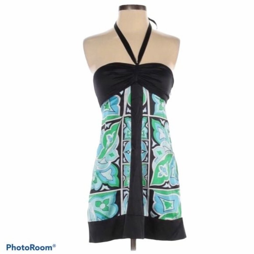 Bebe Women's Dress Y2K silk mini print dress Green Blue Black Size S